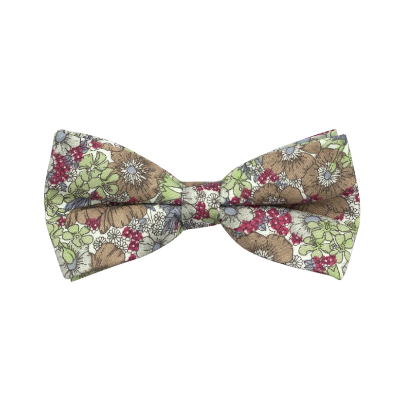 Hnědo zelený dětský bavlněný motýlek s květy