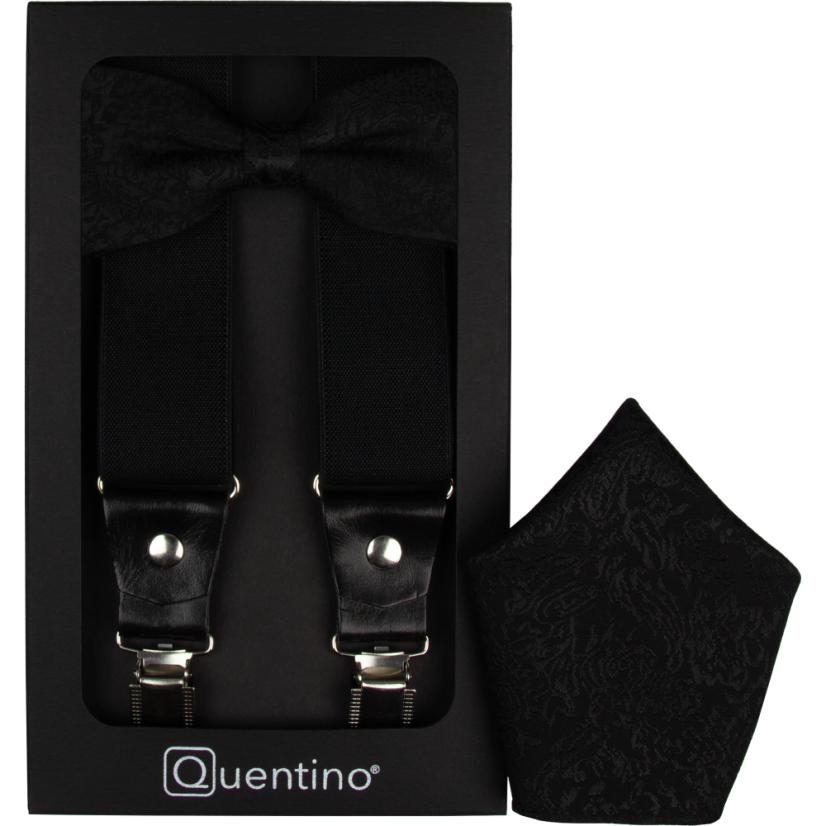 Černý pánský set s černým vzorem – kšandy, motýlek a kapesníček