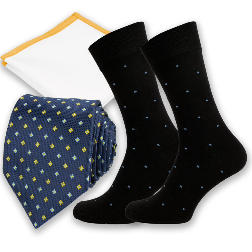 Tmavě modrý pánský set se žlutými detaily – kravata, kapesníček a ponožky
