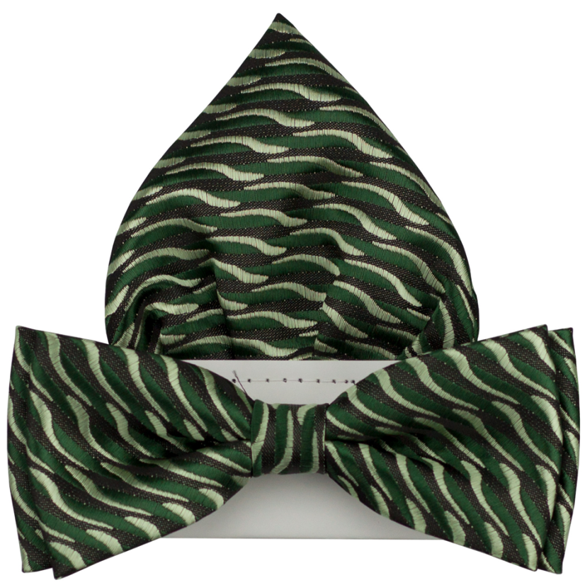 Tmavě zelený pánský motýlek s pruhy včetně kapesníčku