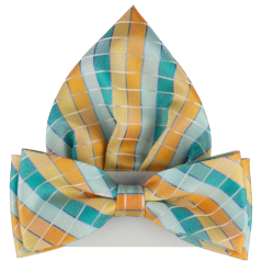 Oranžový pánský motýlek se čtverečky včetně kapesníčku