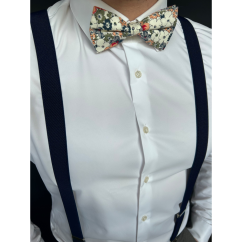 Dark Navy Men's Suspenders with Cotton Floral Bow Tie