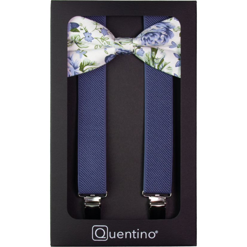 Modré denim pánské kšandy s bavlněným květovaným motýlkem