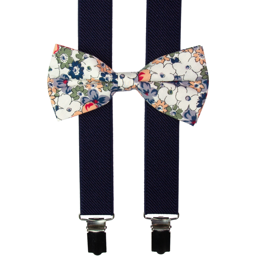 Tmavě modré pánské kšandy s bavlněným květovaným motýlkem