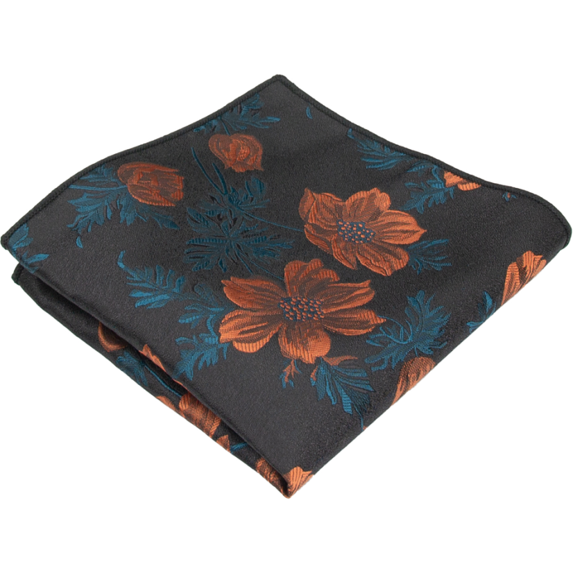 Černý pánský kapesníček s cihlovým květinovým vzorem