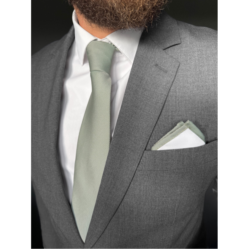 Bílý pánský kapesníček do saka se šalvějově zeleným (sage green) lemem