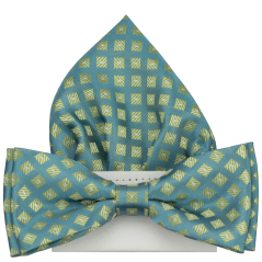 Světle petrolejový pánský motýlek se čtverečky včetně kapesníčku