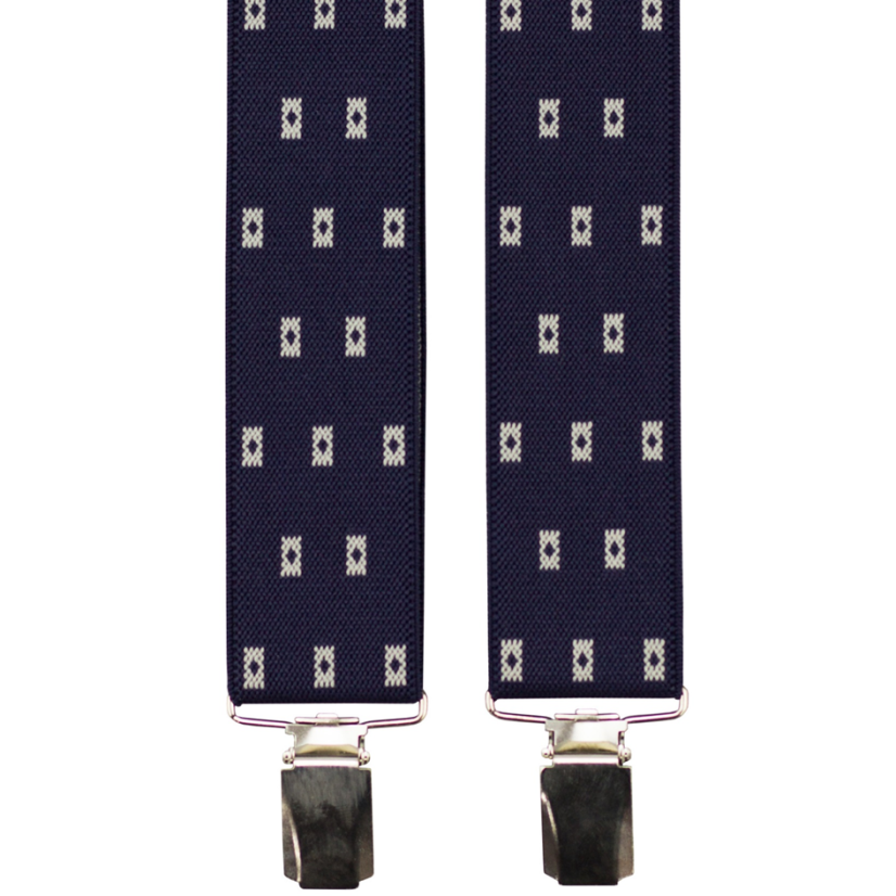 Tmavě modré pánské široké kšandy s obdélníkovým vzorem