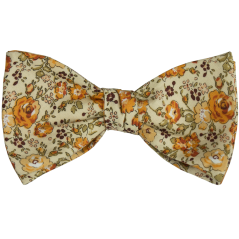 Světle béžový bavlněný vázací motýlek s žluto oranžovými květy