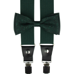 Smaragdově zelený pánský set s černým vzorem - kšandy, motýlek a kapesníček