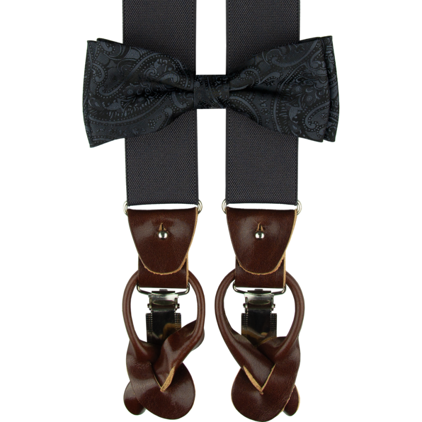 Dark Grey Men's Accessory Set with Paisley Pattern – Suspenders, Bow Tie and Pocket Square