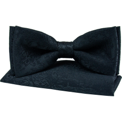 Černý pánský motýlek s černým vzorem včetně kapesníčku