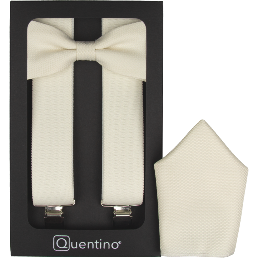 Cream (ecru) men's accessory set with a subtle texture - suspenders, bow tie and pocket square