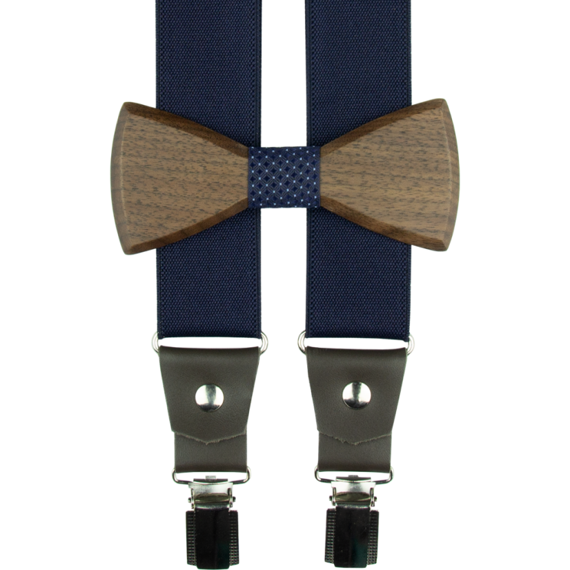 Tmavě modré pánské široké kšandy s dřevěným motýlkem