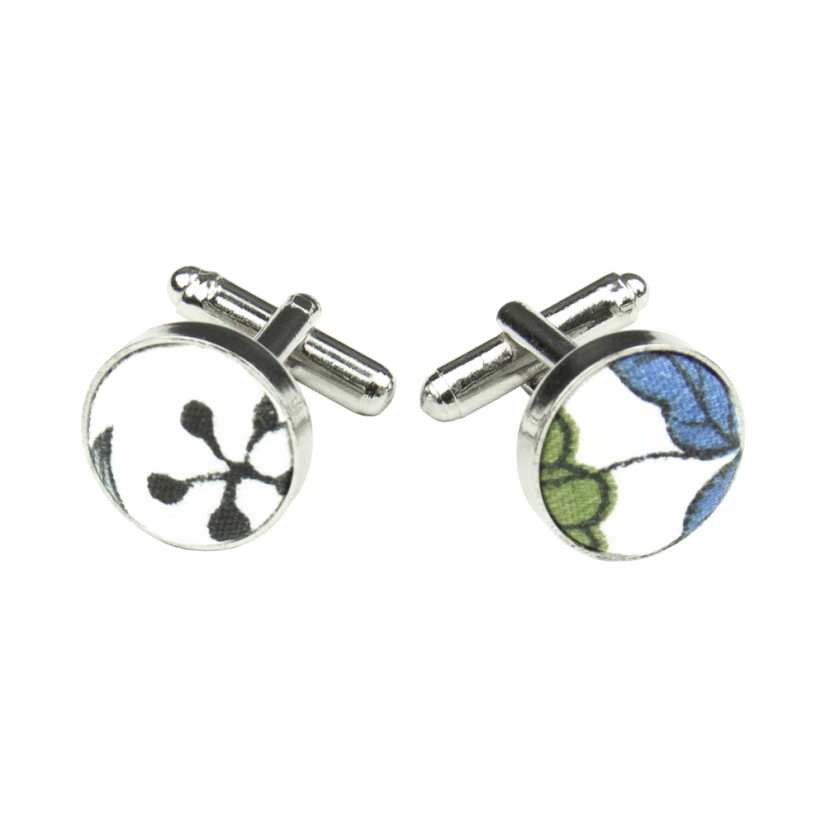 Bílé manžetové knoflíčky s šedo zelenými lístky