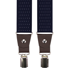 Tmavě modré pánské široké kšandy s puntíky a tmavě hnědou pravou kůží