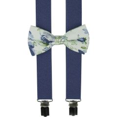 Modré denim dětské kšandy s bavlněným květovaným motýlkem