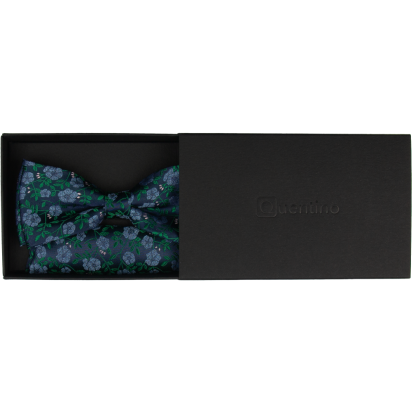 Dark Blue Men's Bow Tie with Delicate Floral Pattern Including Pocket Square