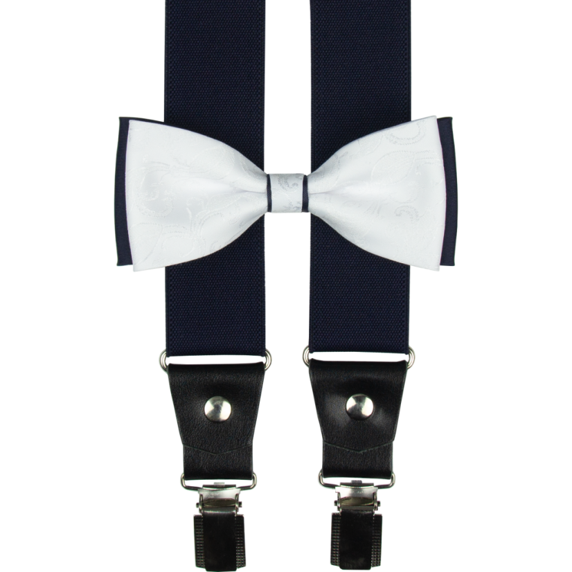 Tmavě modrý pánský set s bílým ornamentem – kšandy, motýlek a kapesníček