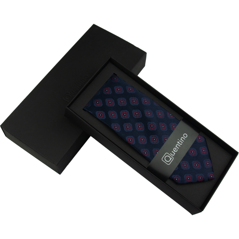 Dark Navy Men's Silk Necktie with Burgundy Pattern