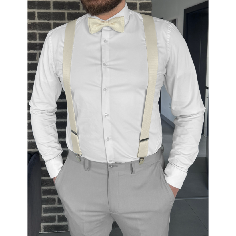 Cream (ecru) men's accessory set with a subtle texture - suspenders, bow tie and pocket square