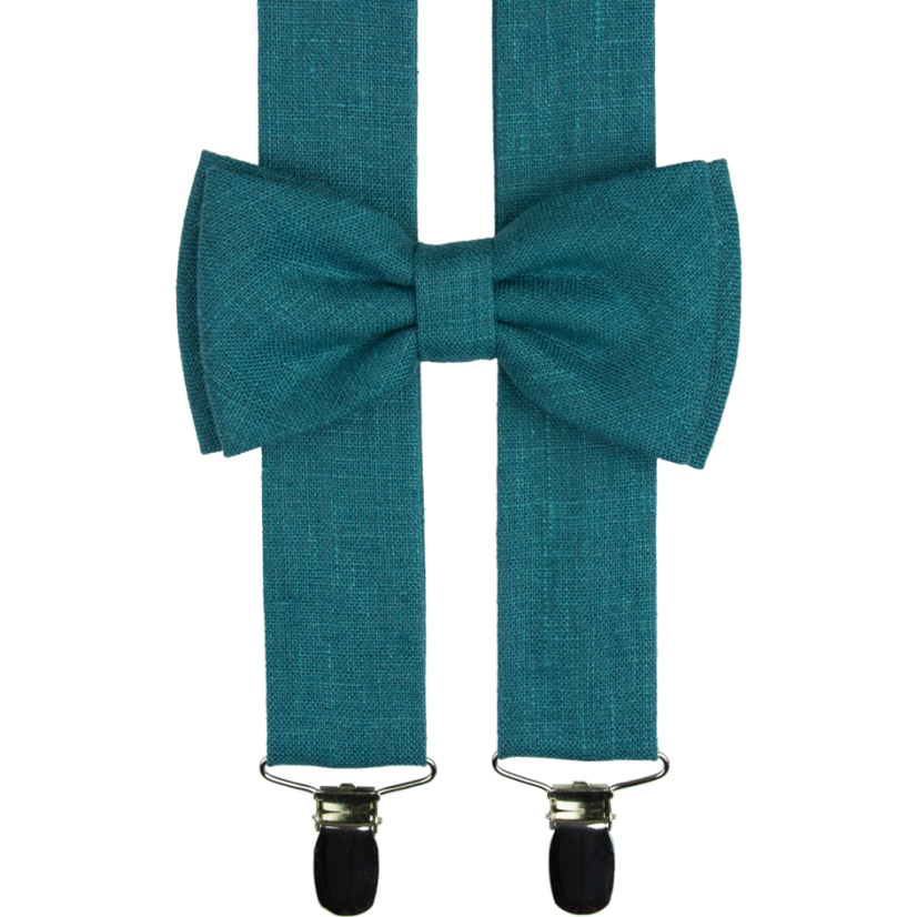 Lněné petrolejové kšandy s motýlkem včetně kapesníčku