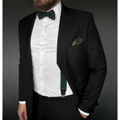 Emerald green men's accessory set with a bold gold pattern – suspenders, bow tie and pocket square