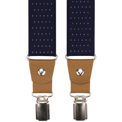 Tmavě modré pánské široké kšandy s puntíky a koňakovou pravou kůží