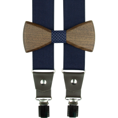 Tmavě modré pánské široké kšandy s dřevěným motýlkem