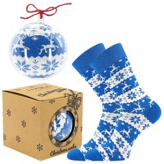 Blue Christmas socks with reindeer and snowflake pattern