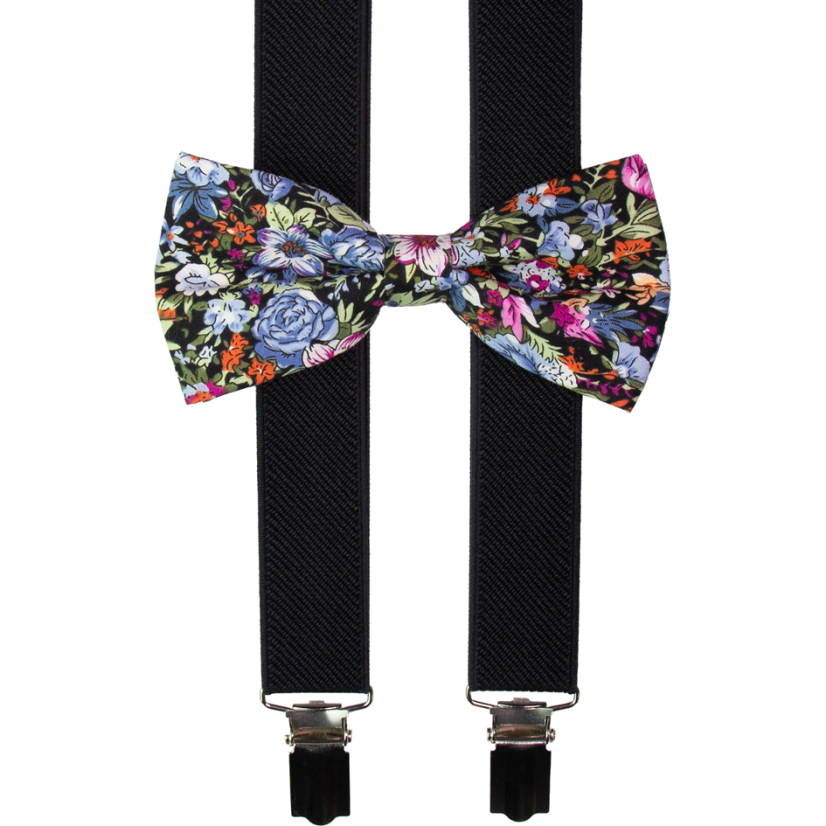 Černé pánské kšandy s bavlněným květovaným motýlkem