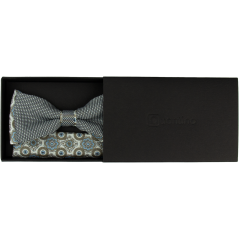 Černo béžový pánský motýlek s modrými detaily a ornamentálním vzorem