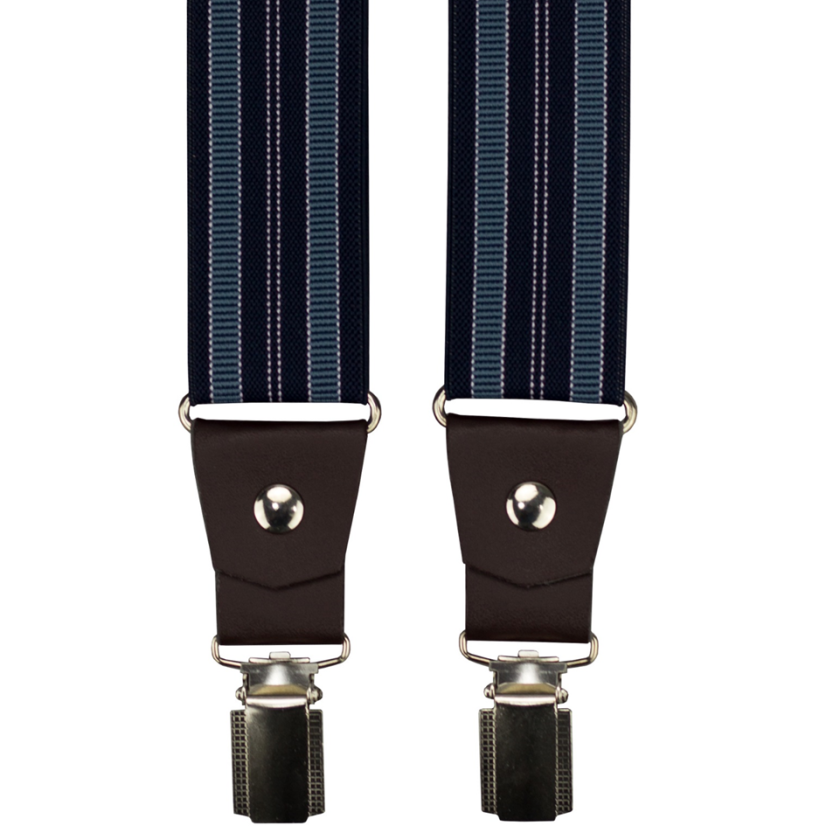 Modré pánské široké kšandy s pruhy a tmavě hnědou pravou kůží