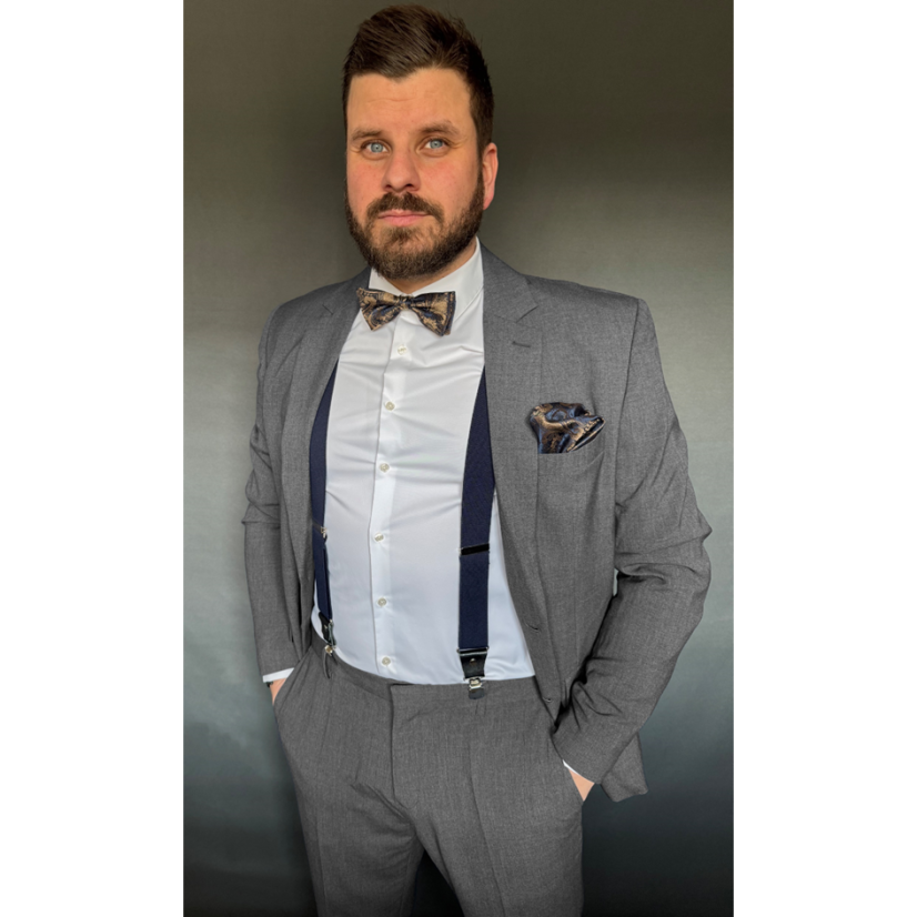 Tmavě modrý pánský motýlek s paisley vzorem včetně kapesníčku