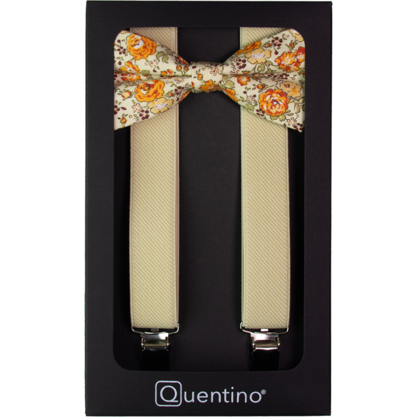 Beige Men's Suspenders with a Cotton Floral Bow Tie