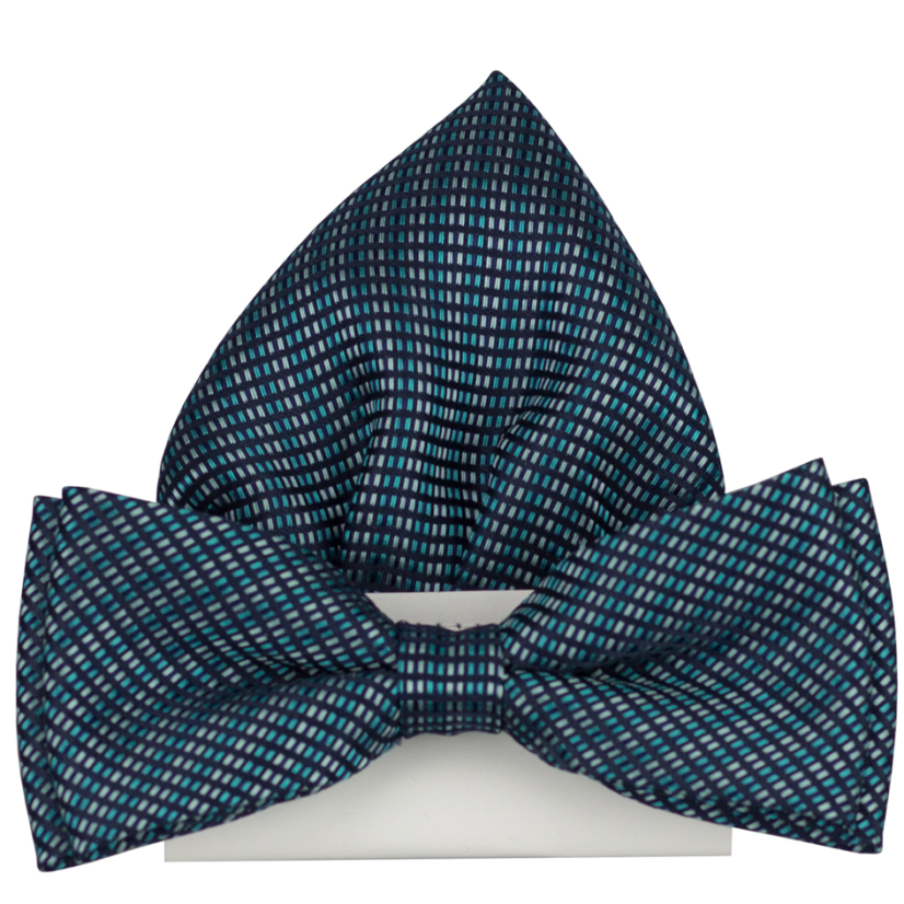 Tyrkysově modrý pánský motýlek s jemným vzorem včetně kapesníčku