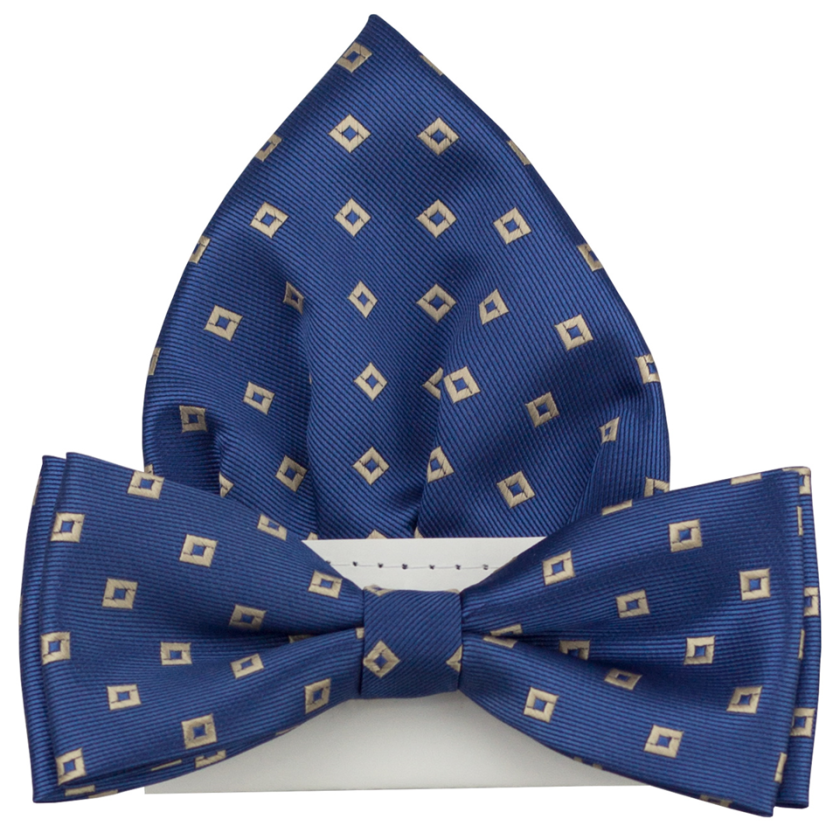 Modrý pánský motýlek se čtverečky včetně kapesníčku