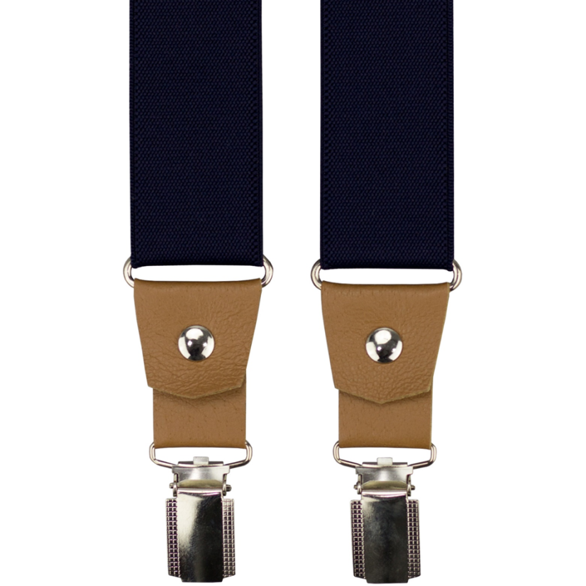 Tmavě modré pánské široké kšandy s koňakovou pravou kůží