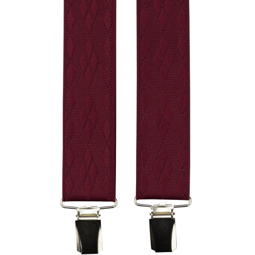 Burgundy red men's wide suspenders with an elegant pattern