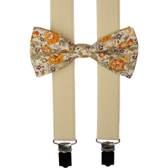 Beige Men's Suspenders with a Cotton Floral Bow Tie