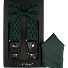 Emerald green men's accessory set with black pattern – suspenders, bow tie and pocket square