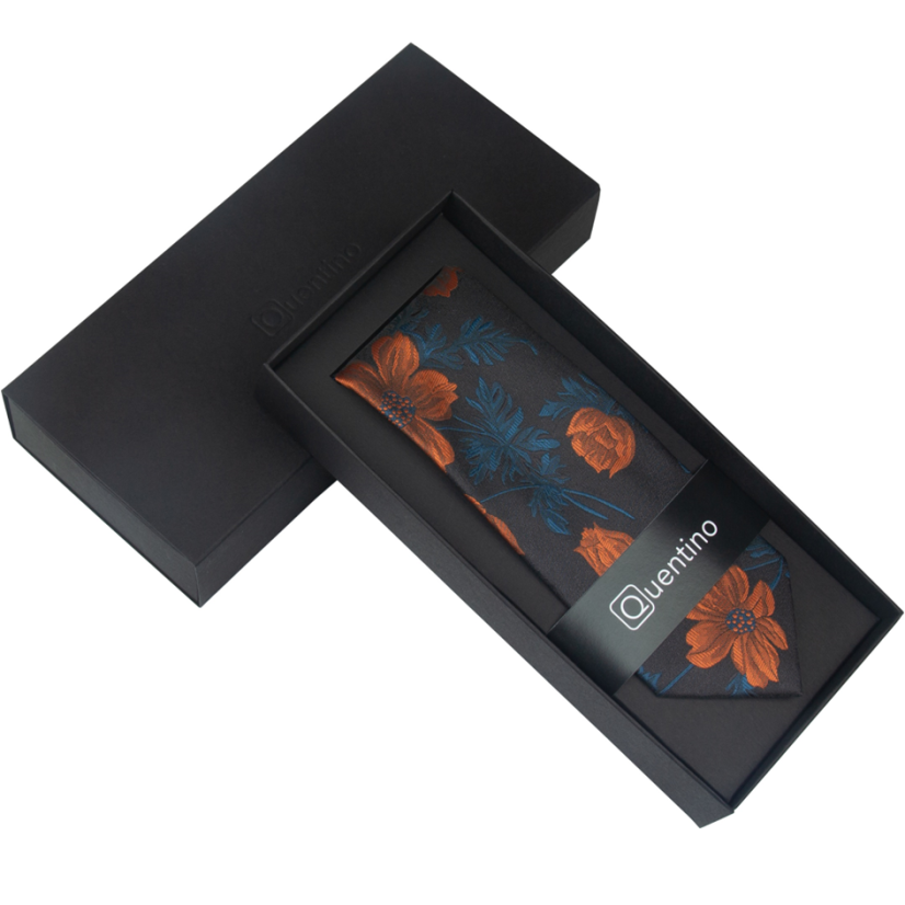 Černá pánská kravata s cihlovým květinovým vzorem