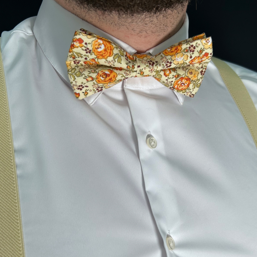 Beige Men's Suspenders with a Cotton Floral Bow Tie
