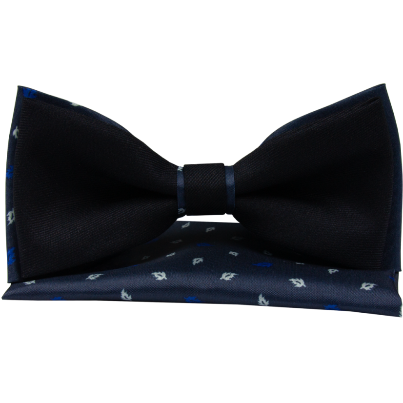 Dark Navy Men's Bow Tie with Small Leaves Including Pocket Square