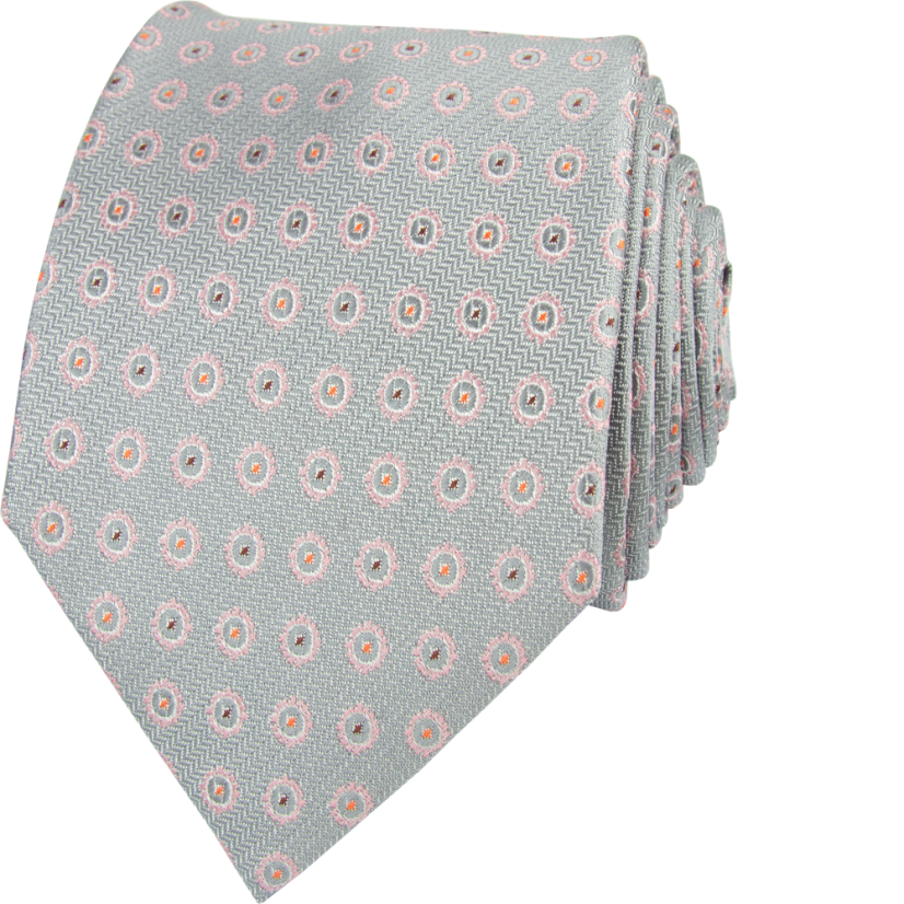Světle šedá pánská kravata s růžovo-oranžovým vzorem