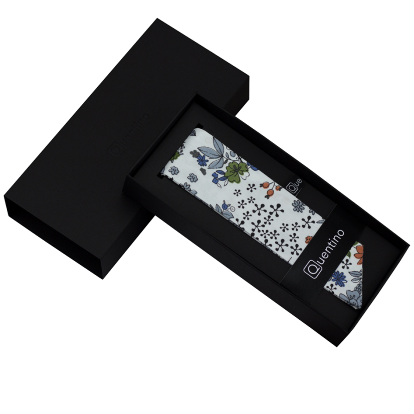 Bílá dámská stuha s šedo zelenými lístky