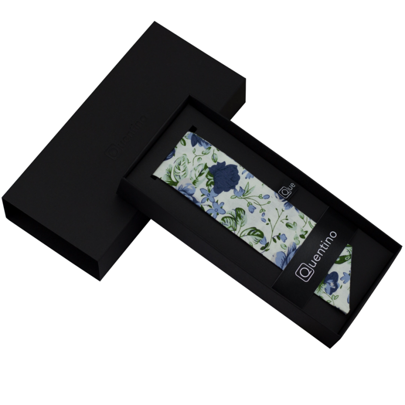 Bílá dámská stuha s modrými květy