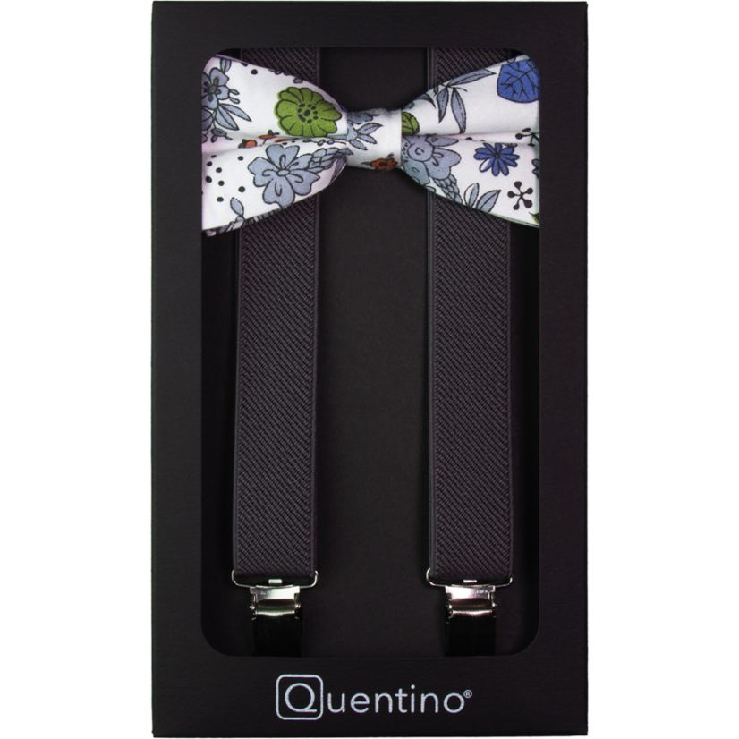 Dark Grey Men's Suspenders with Cotton Floral Bow Tie