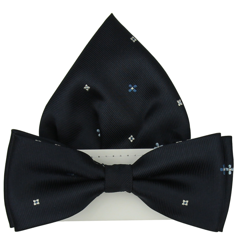 Dark Navy Men's Bow Tie with Floral Pattern Including Pocket Square
