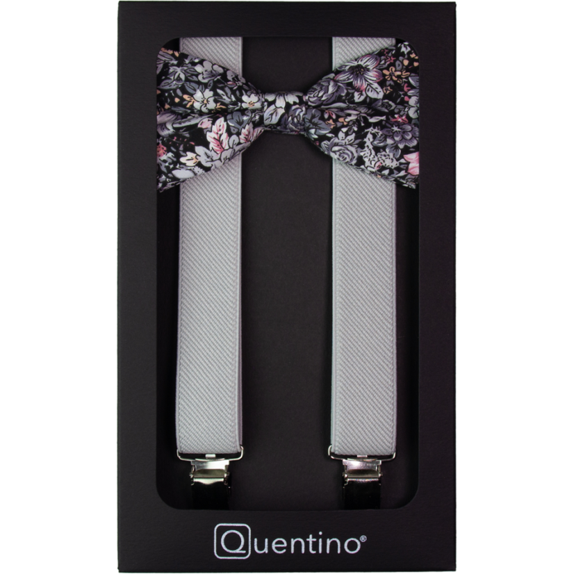 Light Grey Men's Suspenders with Cotton Floral Bow Tie